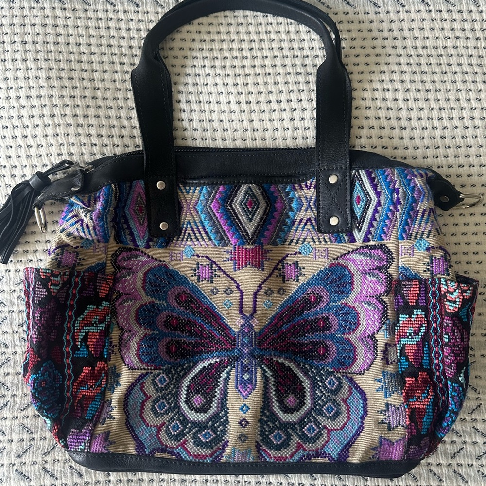 Maria's Artisan Shop Aurora Bag tan/purple/blue butterfly huipil CDB